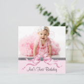 ピンクブラックガールズフォトファースト誕生日パーティー 招待状 (スタンド正面)