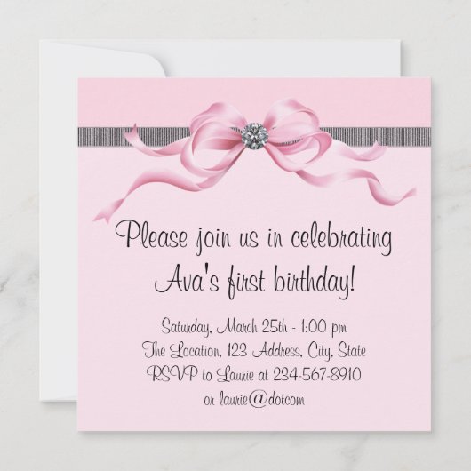 ピンクブラックガールズフォトファースト誕生日パーティー 招待状 (裏面)