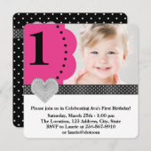 ピンクブラックガールズ写真1st誕生日パーティー 招待状 (正面/裏面)