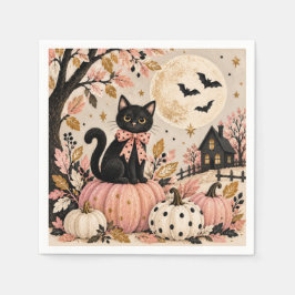 ピンクブラックキャットハロウィンパーティー紙ナプキン スタンダードカクテルナプキン