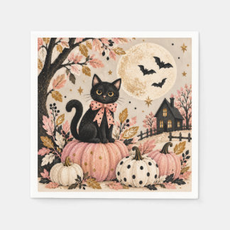 ピンクブラックキャットハロウィンパーティー紙ナプキン スタンダードカクテルナプキン