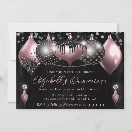 ピンクブラックグリッタークリスマスボードブルキンセアニェラ 招待状 (正面)