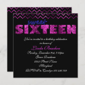 ピンクブラックグリッターシェブロンSweet sixteen招待状 招待状 (正面/裏面)