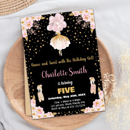 ピンクブラックグリッターバレリーナ誕生日招待状 招待状