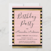 ピンクブラックゴールドストライプフォイル任意の年齢誕生日 招待状 (正面)