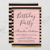 ピンクブラックゴールドストライプフォイル任意の年齢誕生日 招待状 (正面/裏面)