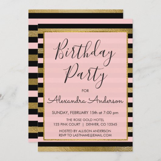 ピンクブラックゴールドストライプフォイル任意の年齢誕生日 招待状 (正面/裏面)