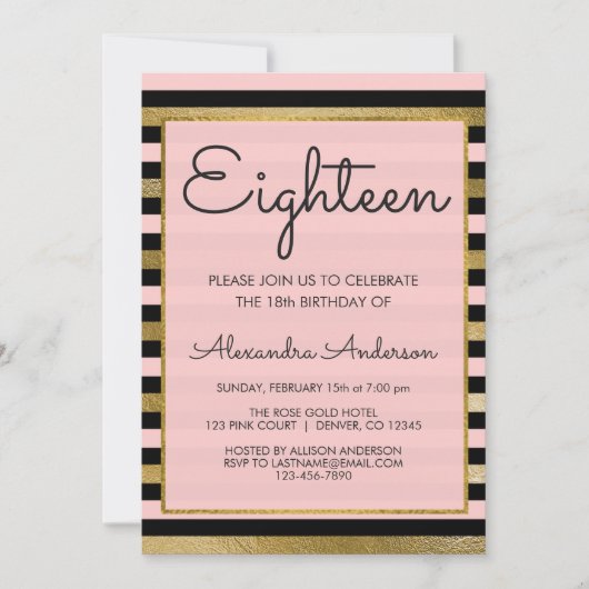 ピンクブラックゴールドストライプフォイル18誕生日 招待状 (正面)