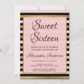 ピンクブラックゴールドフォイルストライプ誕生日スウィート16 招待状 (正面)