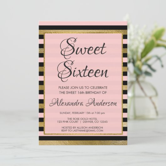 ピンクブラックゴールドフォイルストライプ誕生日スウィート16 招待状 (スタンド正面)