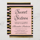 ピンクブラックゴールドフォイルストライプ誕生日スウィート16 招待状 (正面/裏面)