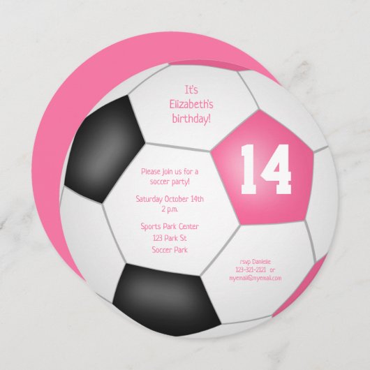 ピンクブラックサッカーをテーマにした誕生日パーティー 案内状 (正面/裏面)