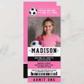 ピンクブラックサッカーチケット誕生日パーティー写真 招待状 (正面/裏面)