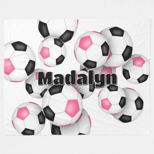 ピンクブラックサッカーボールクラスタガールズスポーツルーム フリースブランケット (正面(横))