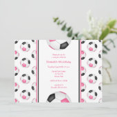 ピンクブラックサッカーボールパターン誕生日パーティー 招待状 (スタンド正面)