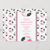 ピンクブラックサッカーボールパターン誕生日パーティー 招待状 (正面/裏面)
