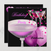 ピンクブラックシャンパンカクテルバースデーパーティー 招待状 (正面/裏面)