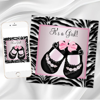 ピンクブラックシューズピンクゼブラベビーシャワー 招待状