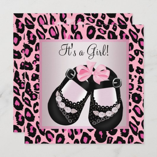 ピンクブラックシューズピンクヒョウ赤ちゃん女の子シャワー 招待状 (正面/裏面)