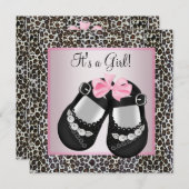ピンクブラックシューズピンクヒョウ赤ちゃん女の子シャワー 招待状 (正面/裏面)