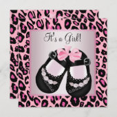 ピンクブラックシューズピンクヒョウ赤ちゃん女の子シャワー 招待状 (正面/裏面)