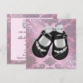 ピンクブラックシューズピンクブラックダマスクベビーガール 招待状 (正面/裏面)