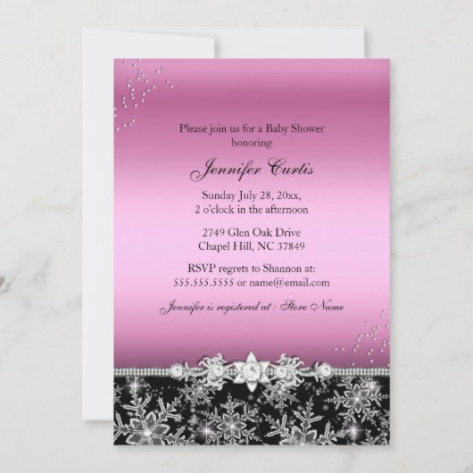 ピンクブラックシューズ&スノーフレークガールベビーシャワー 招待状 (裏面)