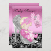 ピンクブラックシューズ&スノーフレークガールベビーシャワー 招待状 (正面/裏面)