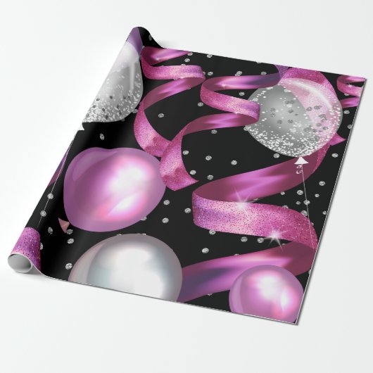 ピンクブラックシルバーグリッタースウィート16バースデーパーティー ラッピングペーパー (アンロールド)