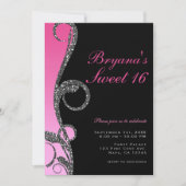 ピンクブラックシルバーグリッタースワールスウィート16パーティー 招待状 (正面)