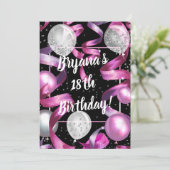 ピンクブラックシルバーグリッターバルーン誕生日パーティー 招待状 (スタンド正面)