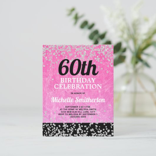 ピンクブラックシルバーグリッター大人60誕生日 カード (スタンド正面)