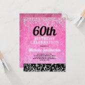 ピンクブラックシルバーグリッター大人60誕生日 カード (正面/裏面インサイチュ)