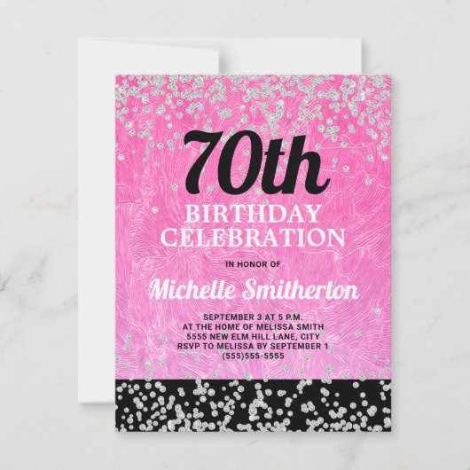 ピンクブラックシルバーグリッター大人70誕生日 カード (正面)