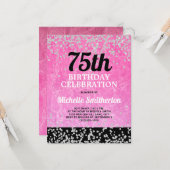 ピンクブラックシルバーグリッター大人75誕生日 カード (正面/裏面インサイチュ)