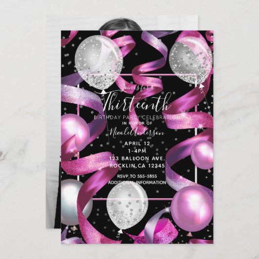 ピンクブラックシルバーグリッター13誕生日写真 招待状 (正面/裏面)