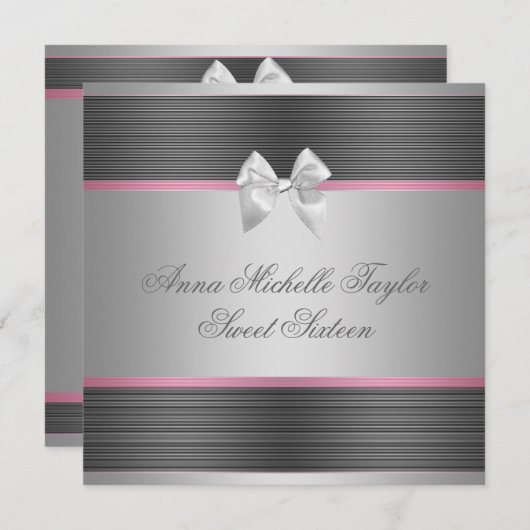 ピンクブラックシルバースウィート16誕生日パーティー 招待状 (正面/裏面)