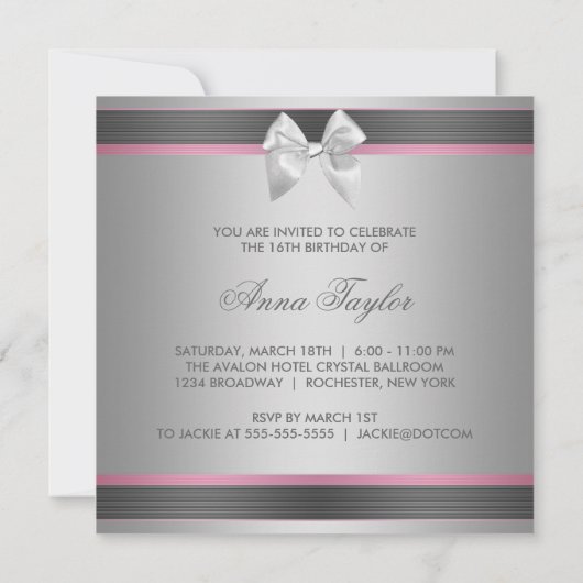 ピンクブラックシルバースウィート16誕生日パーティー 招待状 (裏面)