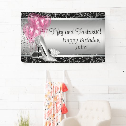 ピンクブラックシルバーハイヒールシューバースデーパーティー 横断幕 (インサイチュ)