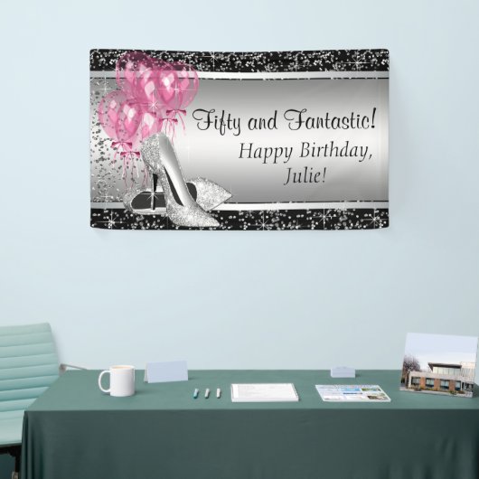 ピンクブラックシルバーハイヒールシューバースデーパーティー 横断幕 (トレードショー)
