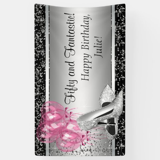 ピンクブラックシルバーハイヒールシューバースデーパーティー 横断幕 (縦)