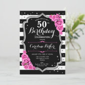 ピンクブラックシルバーフォト50誕生日 招待状 (スタンド正面)