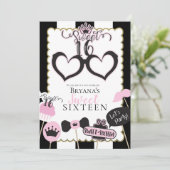 ピンクブラックスウィート16フォトブース誕生日パーティー 招待状 (スタンド正面)