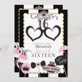 ピンクブラックスウィート16フォトブース誕生日パーティー 招待状 (正面/裏面)