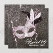 ピンクブラックスウィート16マスカレードパーティー 招待状 (正面/裏面)