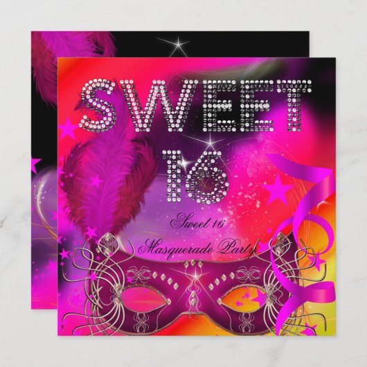 ピンクブラックスウィート16マスカレード誕生日パーティー 招待状 (正面/裏面)
