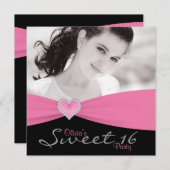 ピンクブラックスウィート16誕生日パーティー 招待状 (正面/裏面)