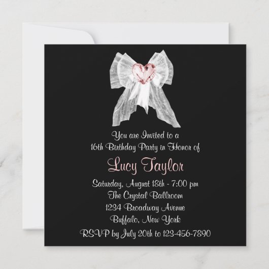 ピンクブラックスウィート16誕生日パーティー 招待状 (裏面)