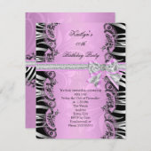 ピンクブラックゼブラエレガントバースデーパーティー 招待状 (正面/裏面)