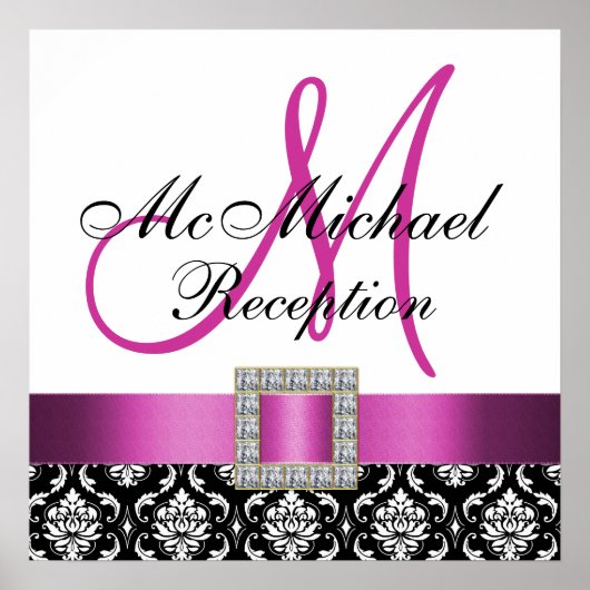 ピンクブラックダマスクウェディング披露宴サイン ポスター (正面)
